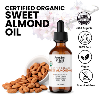 Organic Sweet Almond Oil | 100% Pure, Cold-Pressed, Unrefined | USDA Certified Organic | Amber Glass Bottle with Glass Dropper | For Face, Skin & Hair - 1 Fl Oz