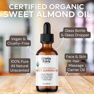 Organic Sweet Almond Oil | 100% Pure, Cold-Pressed, Unrefined | USDA Certified Organic | Amber Glass Bottle with Glass Dropper | For Face, Skin & Hair - 1 Fl Oz