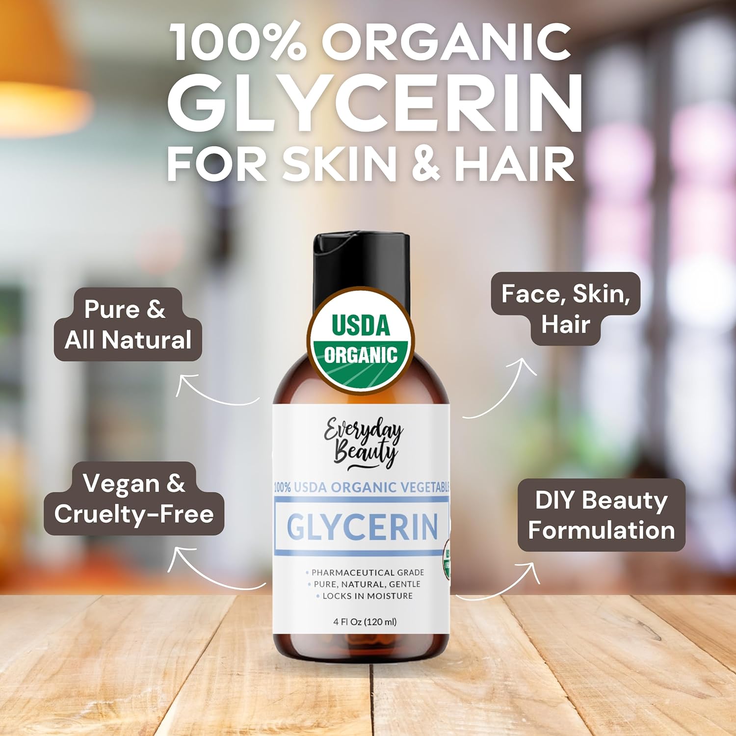 100% Organic Glycerin - For Skin & Hair - Food Grade - USDA Certified - Not From Palm Oil - Perfect Skin and Hair Moisturizer