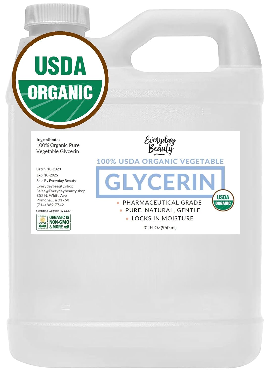 100% Organic Glycerin - For Skin & Hair - Food Grade - USDA Certified - Not From Palm Oil - Perfect Skin and Hair Moisturizer