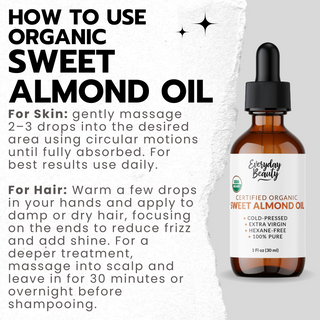 Organic Sweet Almond Oil | 100% Pure, Cold-Pressed, Unrefined | USDA Certified Organic | Amber Glass Bottle with Glass Dropper | For Face, Skin & Hair - 1 Fl Oz