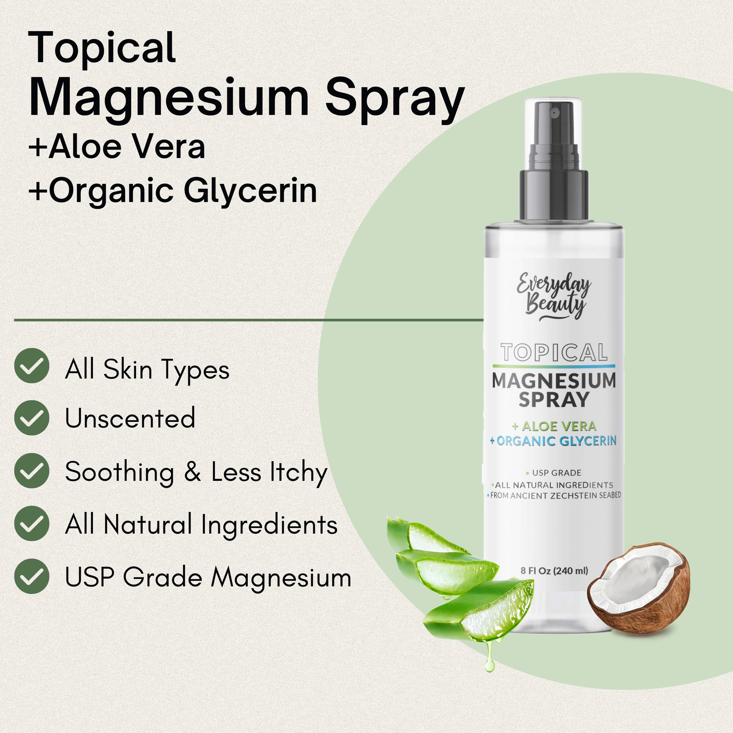 Topical Magnesium Spray with Aloe & Organic Glycerin - All Natural - USP Grade Magnesium - Large 8 Fl Oz Bottle with Mist Cap - Made in USA