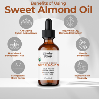 Organic Sweet Almond Oil | 100% Pure, Cold-Pressed, Unrefined | USDA Certified Organic | Amber Glass Bottle with Glass Dropper | For Face, Skin & Hair - 1 Fl Oz
