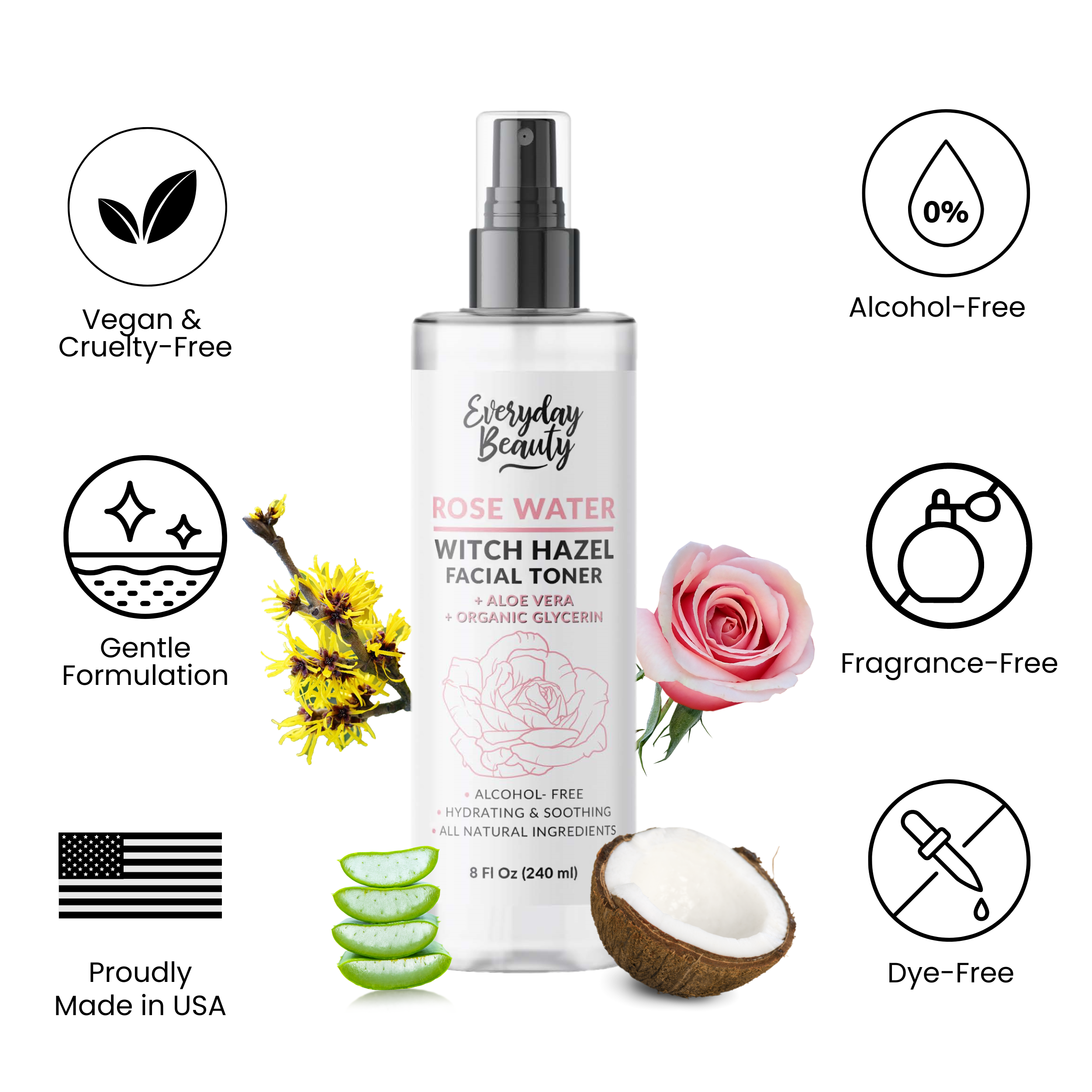 Rose Water Witch Hazel Hydrating Facial Toner with Aloe Vera - Alcohol Free & All Natural Ingredients - 8 Fl Oz