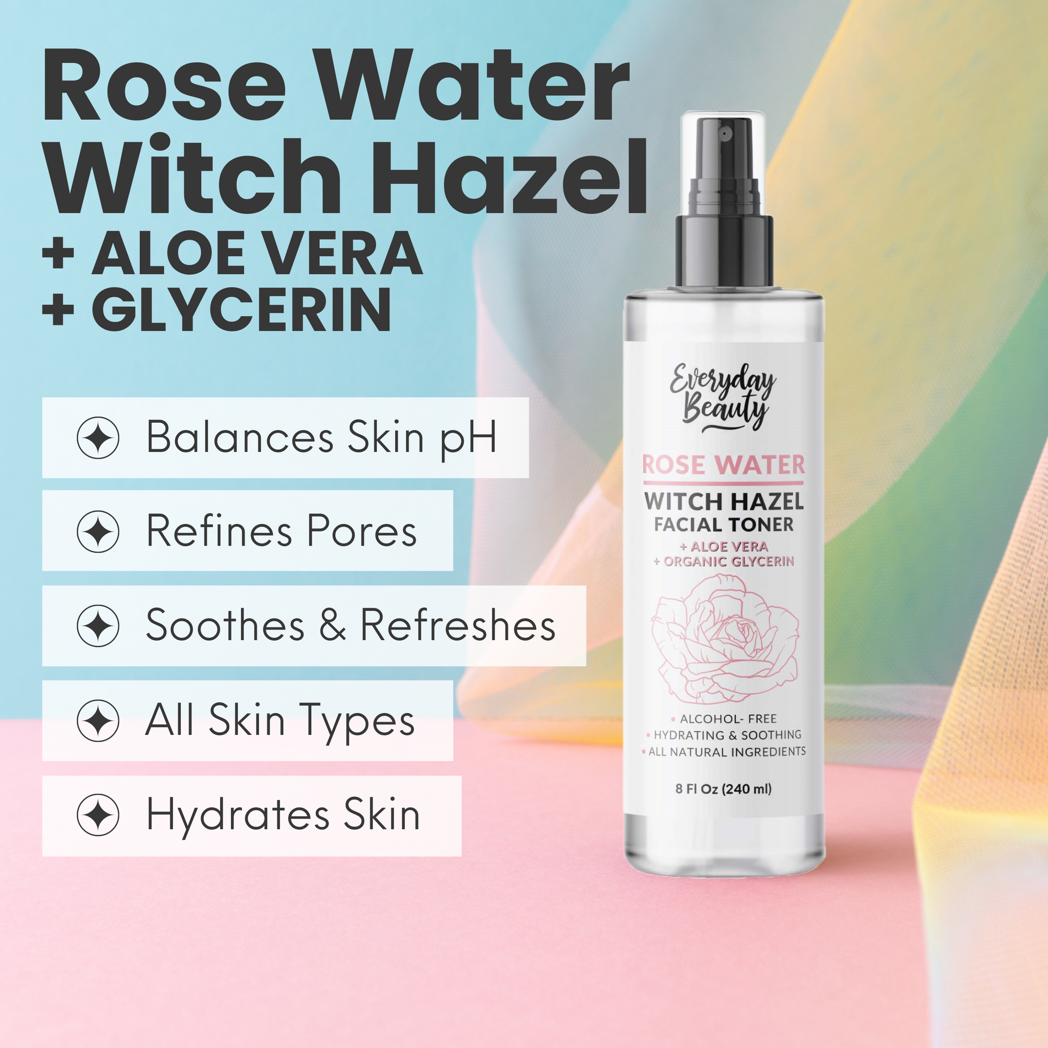 Rose Water Witch Hazel Hydrating Facial Toner with Aloe Vera - Alcohol Free & All Natural Ingredients - 8 Fl Oz