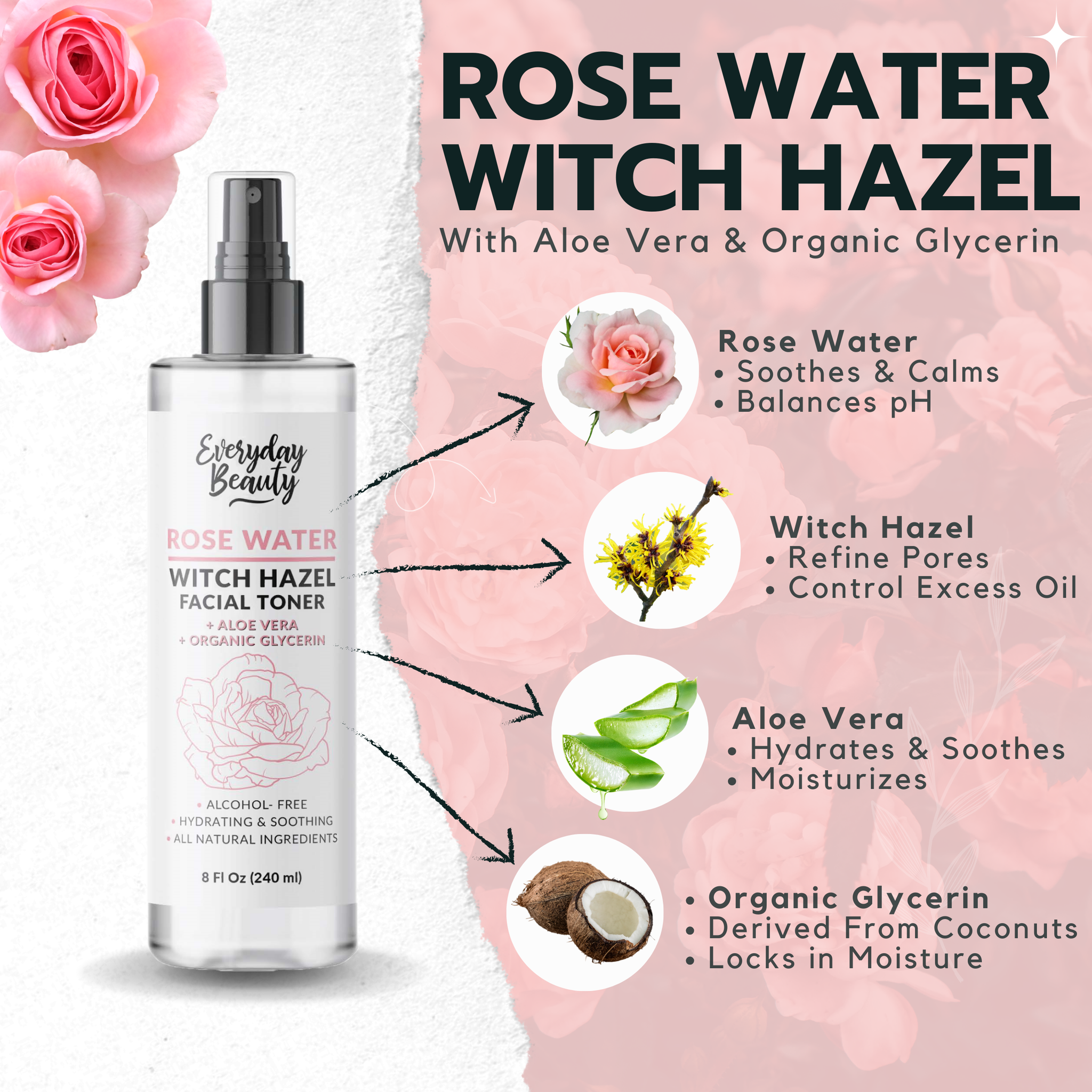 Rose Water Witch Hazel Hydrating Facial Toner with Aloe Vera - Alcohol Free & All Natural Ingredients - 8 Fl Oz