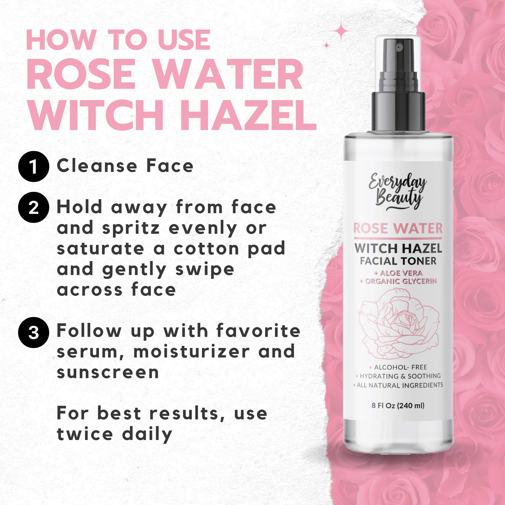 Rose Water Witch Hazel Hydrating Facial Toner with Aloe Vera - Alcohol Free & All Natural Ingredients - 8 Fl Oz