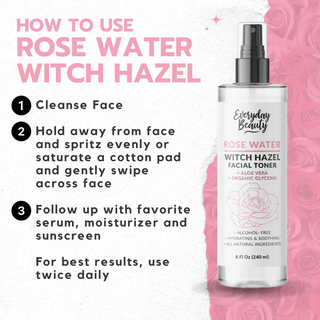 Rose Water Witch Hazel Hydrating Facial Toner with Aloe Vera - Alcohol Free & All Natural Ingredients - 8 Fl Oz