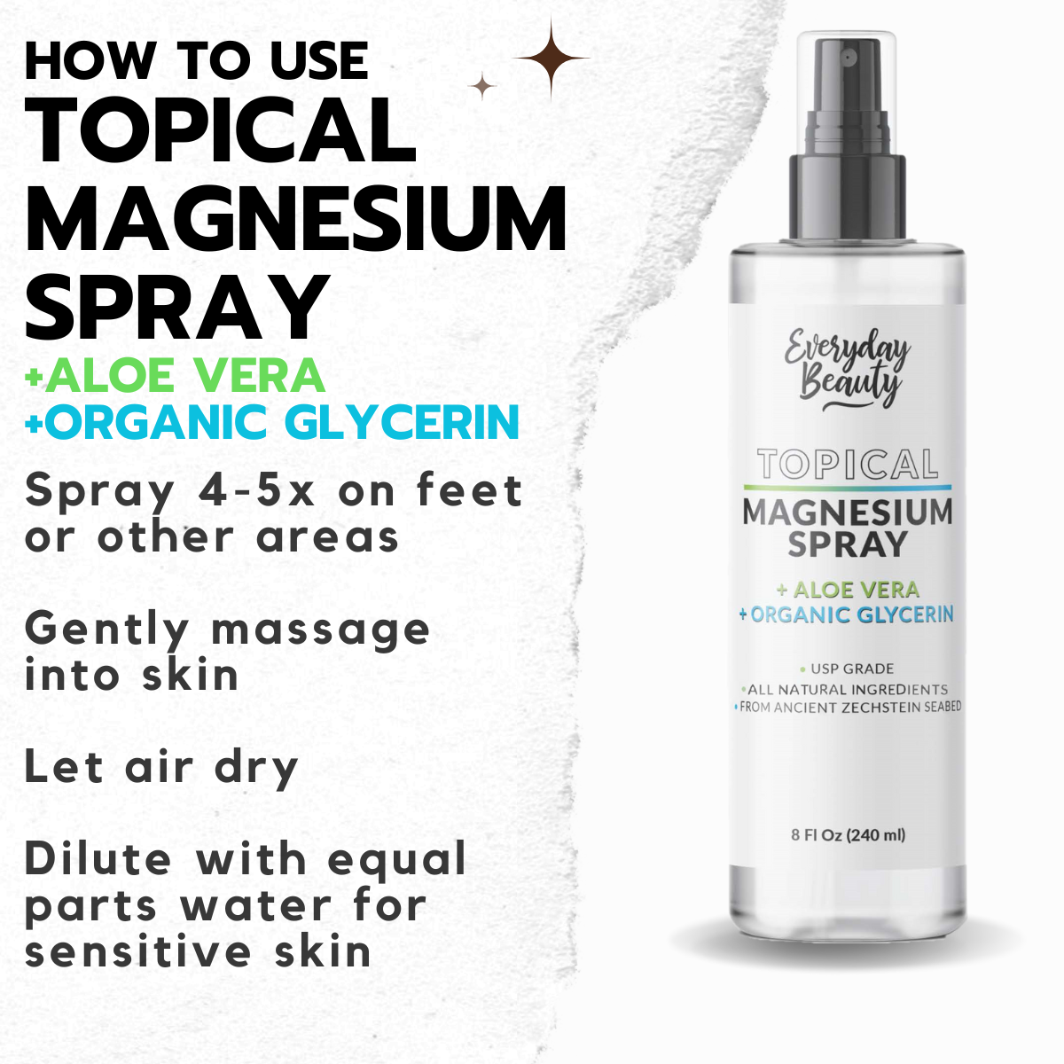 Topical Magnesium Spray with Aloe & Organic Glycerin - All Natural - USP Grade Magnesium - Large 8 Fl Oz Bottle with Mist Cap - Made in USA