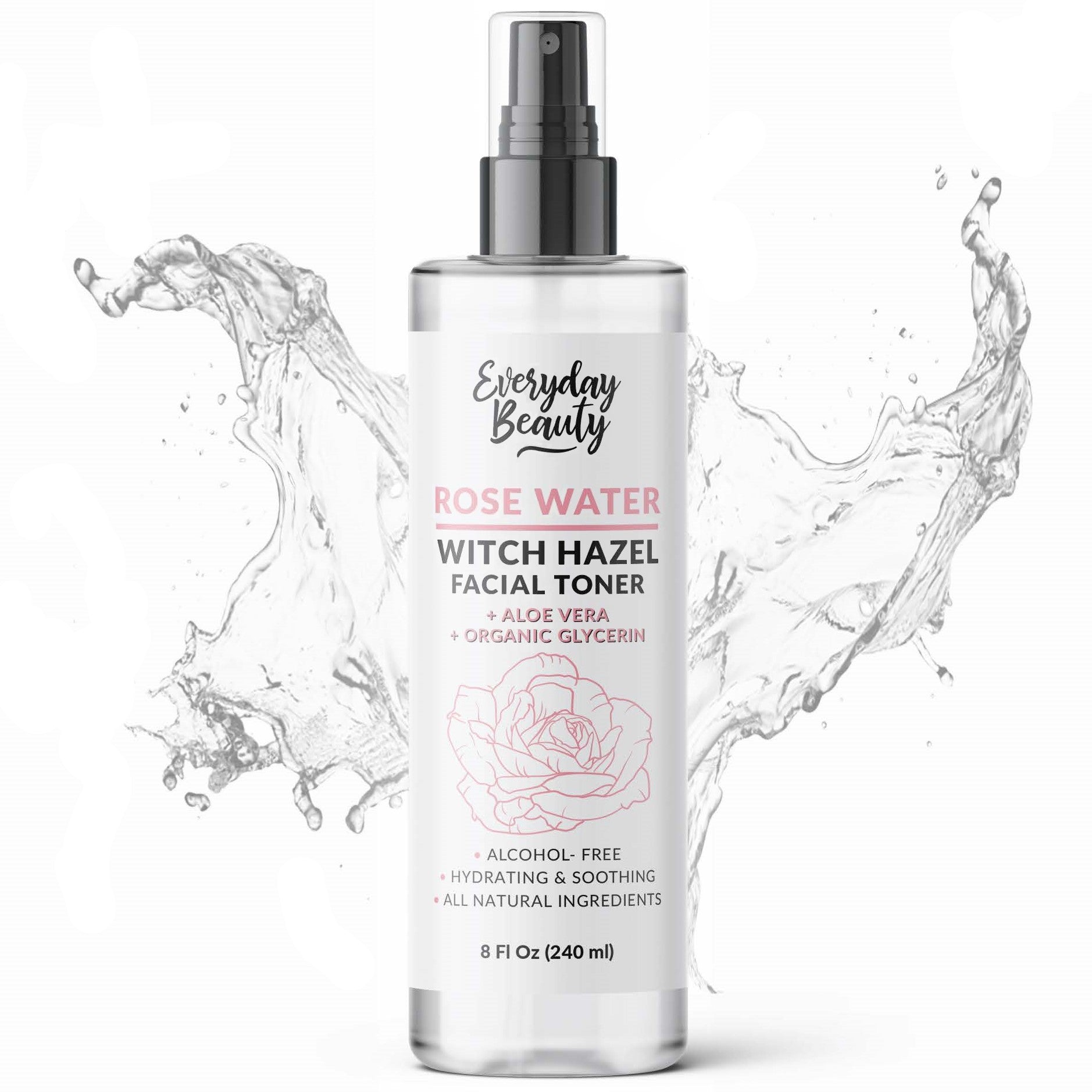 Rose Water Witch Hazel Hydrating Facial Toner with Aloe Vera - Alcohol Free & All Natural Ingredients - 8 Fl Oz