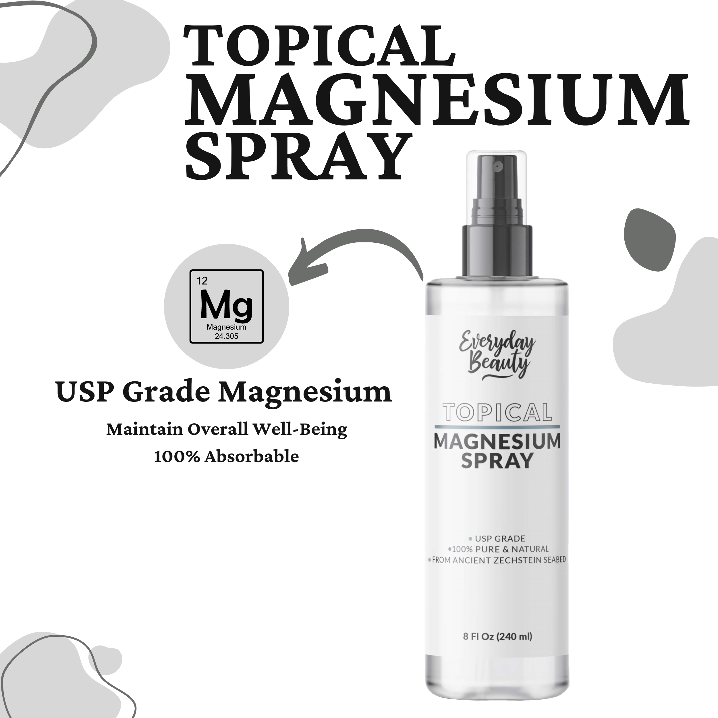 Topical Magnesium Spray - All Natural - USP Grade Magnesium - Large 8 Fl Oz Bottle with Mist Cap