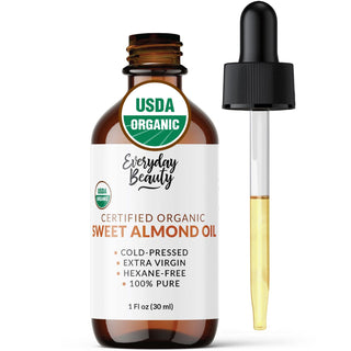 Organic Sweet Almond Oil | 100% Pure, Cold-Pressed, Unrefined | USDA Certified Organic | Amber Glass Bottle with Glass Dropper | For Face, Skin & Hair - 1 Fl Oz