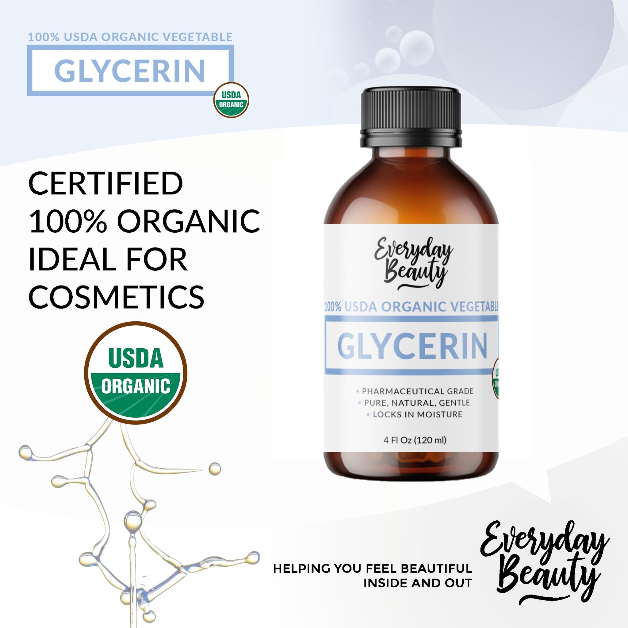 100% Organic Glycerin - For Skin & Hair - Food Grade - USDA Certified - Not From Palm Oil - Perfect Skin and Hair Moisturizer